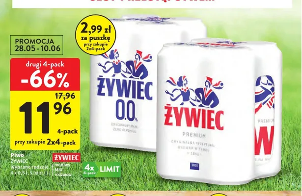 Piwo bezalkoholowe Żywiec 0.0% 4-pak 500ml promocja w Intermarche