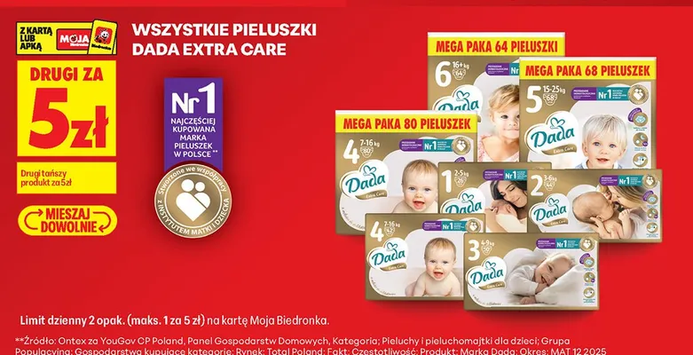 Pieluszki Dada Extra Care rozmiar 1 2-5 kg promocja w Biedronka