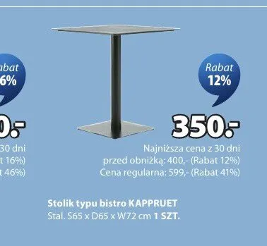Stolik typu bistro KAPPRUET S65 x D65 x W72cm promocja w Jysk