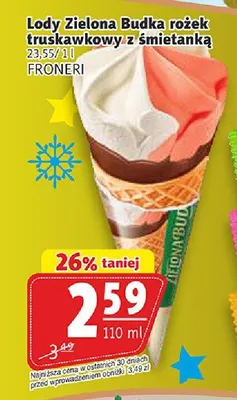 Lody Zielona Budka rożek truskawkowy z śmietanką promocja w Prim Market