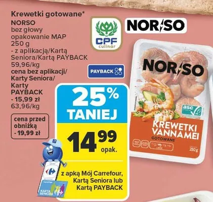 Krewetki gotowane bez głowy opakowanie MAP promocja w Carrefour Market