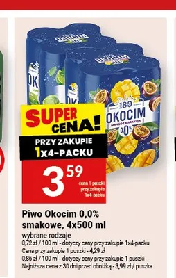 Piwo bezalkoholowe Okocim 0,0% smakowe 4-pak 500 ml promocja w Twój Market