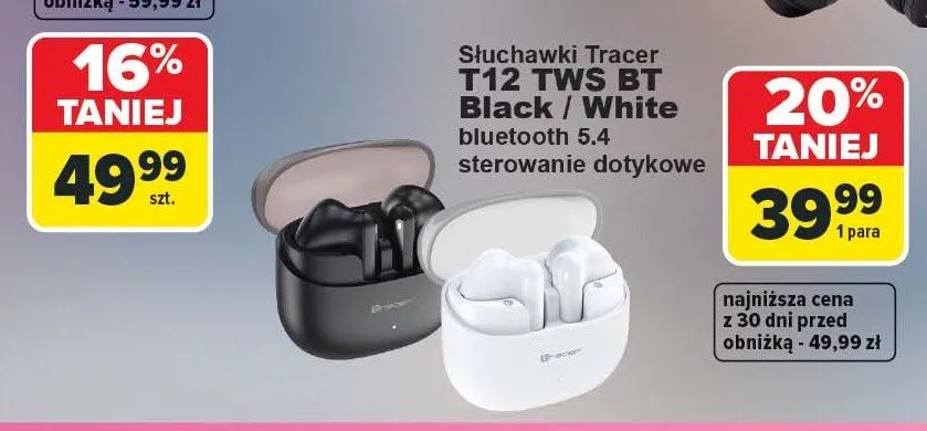 Słuchawki bezprzewodowe Tracer T12 TWS BT White promocja w Carrefour