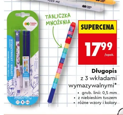 Długopis z 3 wkładami wymazywalnymi Happy Color promocja w Biedronka