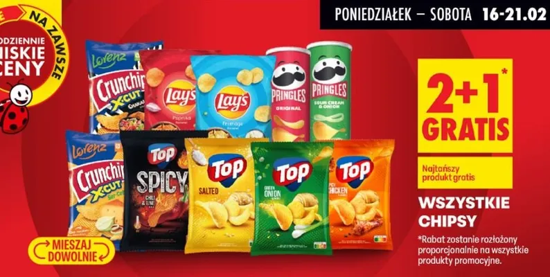 Chipsy wszystkie rodzaje 2+1 GRATIS promocja w Biedronka