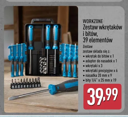 Zestaw wkrętaków i bitów 39 elementów Workzone promocja w Aldi