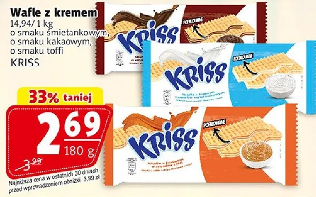 Wafle z kremem o smaku śmietankowym o smaku kakaowym o smaku toffi promocja w Prim Market