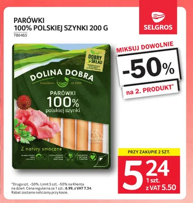 Parówki 100% polskiej szynki Dolina Dobra promocja w Selgros