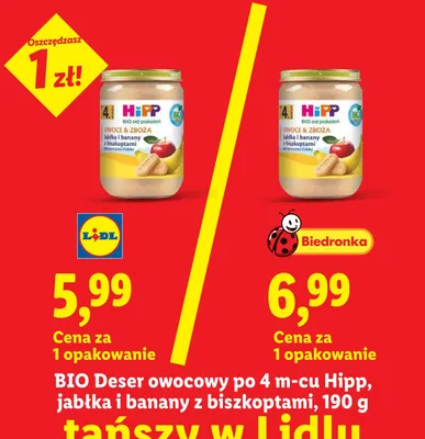 BIO Deser owocowy po 4m-cu Hipp jabłka i banany z biszkoptami promocja w Lidl