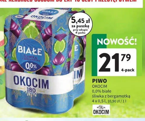 Piwo bezalkoholowe Okocim 180 Białe Śliwka z bergamotką 4-pak promocja w Intermarche
