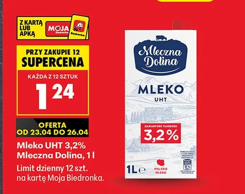Mleko UHT 3,2% Mleczna Dolina promocja w Biedronka