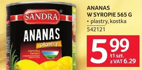 Ananas w syropie Sandra 565g promocja w Selgros
