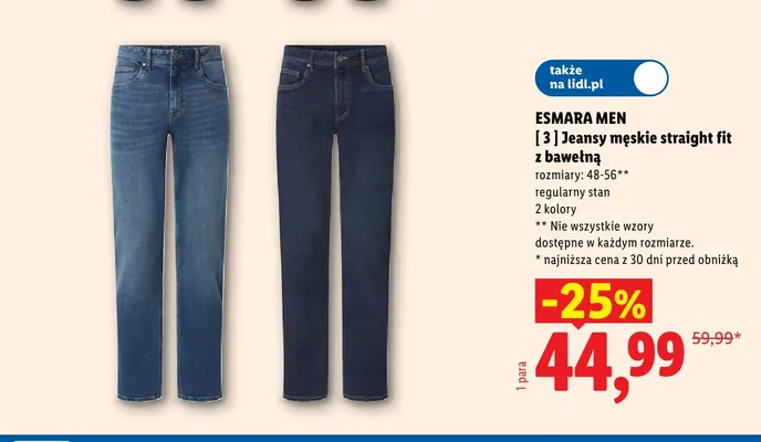 Jeansy męskie straight fit z bawełną niebieskie promocja w Lidl