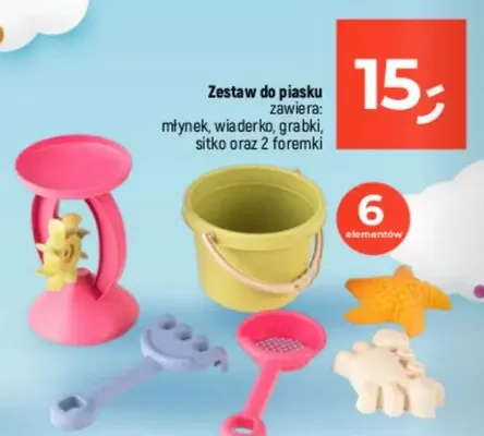 Zestaw do piasku zawiera: młynek, wiaderko, grabki, sitko oraz 2 foremki promocja w Dealz