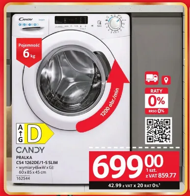 Pralka CANDY CS4 1262DE/1-S SLIM 6kg 1200 obr./min 60x85x45cm promocja w Selgros