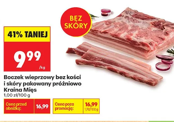 Boczek wieprzowy bez kości i skóry pakowany próżniowo Kraina Mięs promocja w Biedronka