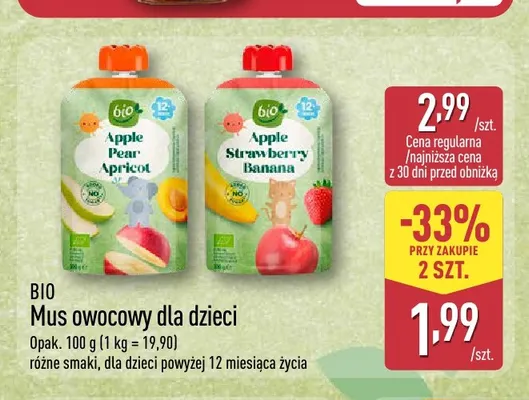 Mus owocowy dla dzieci Apple Pear Apricot Bio promocja w Aldi