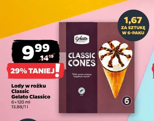 Lody w rożku Classic Gelato Classico promocja w Netto