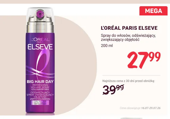 Spray do włosów L'Oréal Paris Elseve Big Hair Day promocja w Rossmann