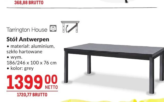 Stół Antwerpen aluminium szkło hartowane 186/246x100x76cm promocja w Makro