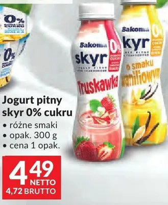 Jogurt pitny skyr 0% cukru Bakoma różne smaki promocja w Makro