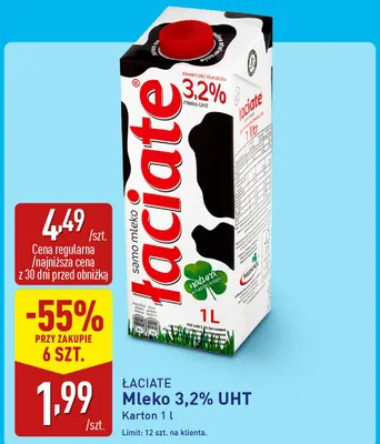 Mleko 3,2% UHT Łaciate promocja w Aldi