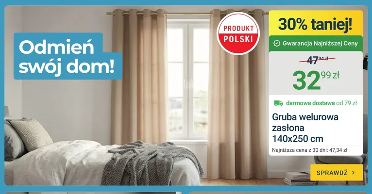 Gruba welurowa zasłona 140x250cm promocja w ERLI