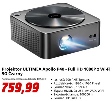 Projektor ULTIMEA Apollo P40 promocja w Media Markt