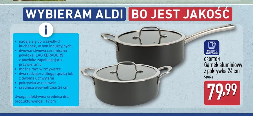 Garnek aluminiowy z pokrywką z dwoma uchwytami Crofton 24 cm promocja w Aldi