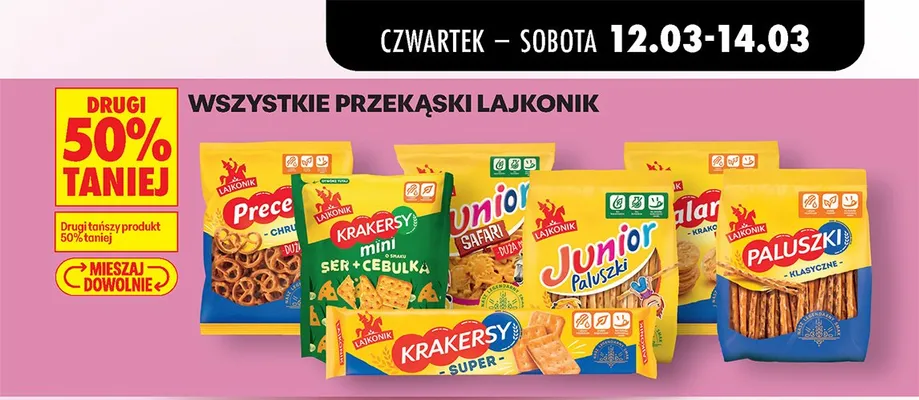 Wszystkie przekąski Lajkonik DRUGA -50% promocja w Biedronka