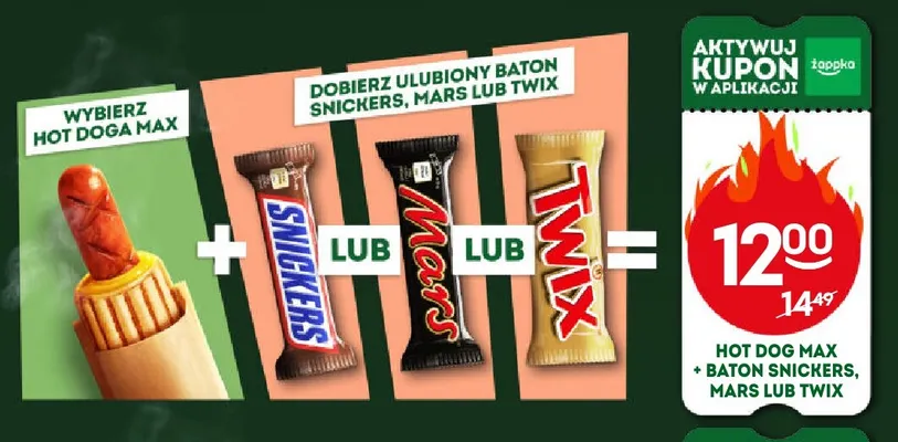 Zestaw Hot Dog Max + baton Snickers, Mars lub Twix promocja w Żabka