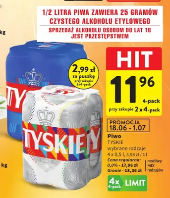 Piwo bezalkoholowe Tyskie 0,0% 4-pak promocja w Intermarche
