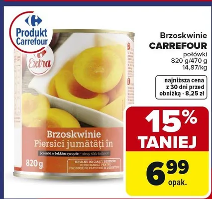 Brzoskwinie CARREFOUR w puszce 820g/470g promocja w Carrefour Market