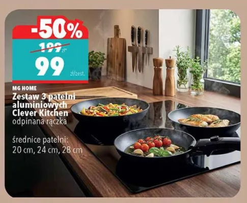 Zestaw 3 patelni aluminiowych MG HOME Clever Kitchen odpinana rączka średnice patelni: 20cm, 24cm, 28cm promocja w Biedronka