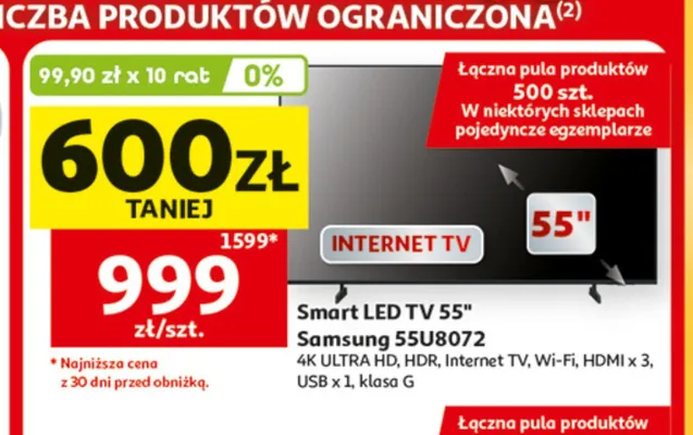 Smart LED TV 55" Samsung 55U8072 promocja w Auchan