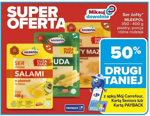 Ser żółty MLEKPOL plastry, porcja 350-400g różne rodzaje promocja w Carrefour