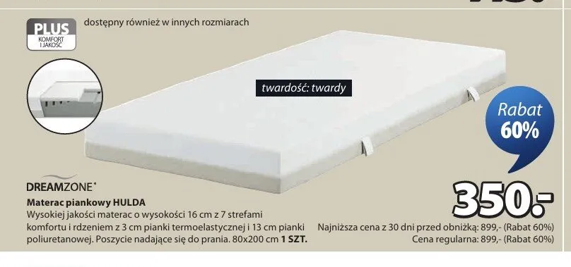 Materac piankowy DREAMZONE HULDA 80x200cm promocja w Jysk