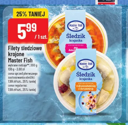 Filety śledziowe krojone Śledzik krajanka z brzoskwinią i żurawiną Master Fish promocja w POLOmarket