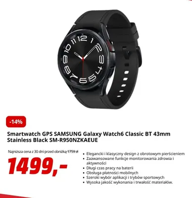 Smartwatch Gps Samsung Galaxy Watch6 Classic Bt 43 mm Stainless Black SM-R950NZKAEUE promocja w Media Markt