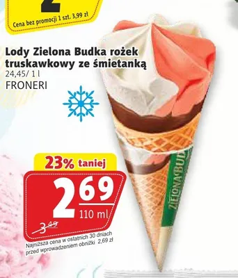 Lody Zielona Budka rożek truskawkowy ze śmietanką promocja w Prim Market