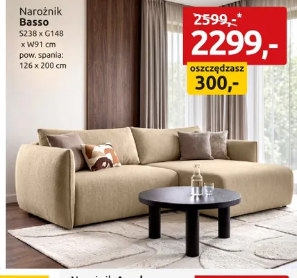 Narożnik Basso S238xG148xW91cm pow. spania: 126x200cm promocja w Black Red White