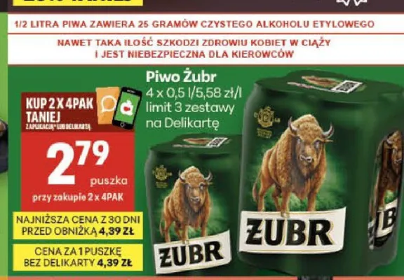 Piwo Żubr 4-pak promocja w Delikatesy Centrum