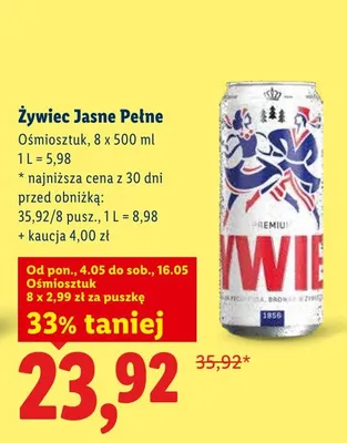 Piwo Żywiec Jasne Pełne ośmiosztuk promocja w Lidl