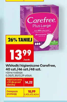 Wkładki higieniczne Carefree Plus Large promocja w Biedronka