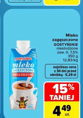 Mleko zagęszczone niesłodzone Gostyńskie 7,5% promocja w Carrefour Market