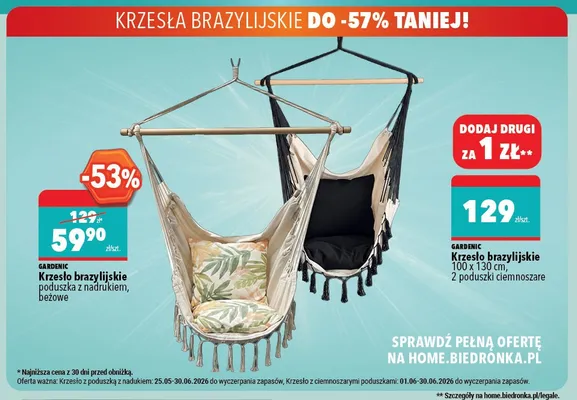 Krzesło brazylijskie GARDENIC poduszka z nadrukiem beżowe promocja w Biedronka Home