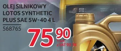 Olej silnikowy Lotos Synthetic Plus SAE 5W-40 4 L promocja w Selgros