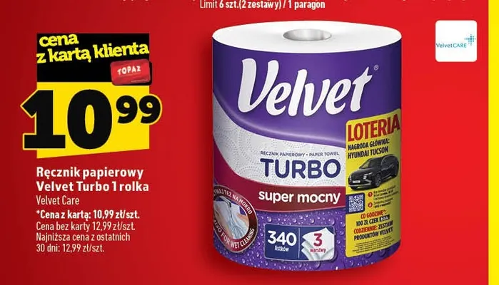 Ręcznik papierowy Velvet Turbo 1 rolka promocja w TOPAZ