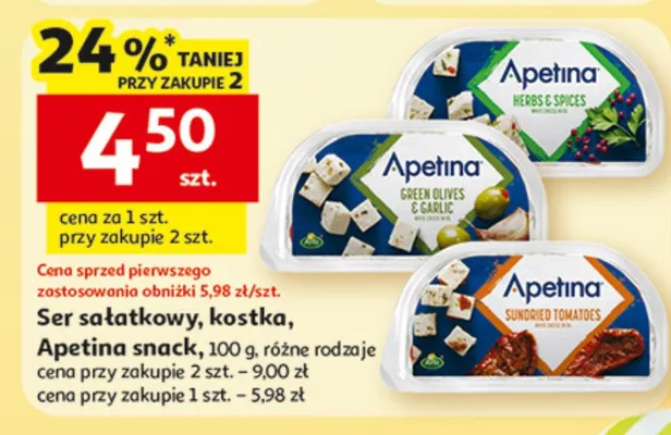Ser sałatkowy, kostka, Apetina snack, różne rodzaje promocja w Auchan