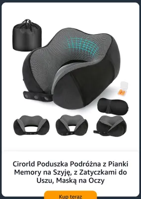 Zestaw poduszka podróżna z pianki memory na szyję + zatyczki do uszu + maska na oczy Cirorld promocja w Amazon